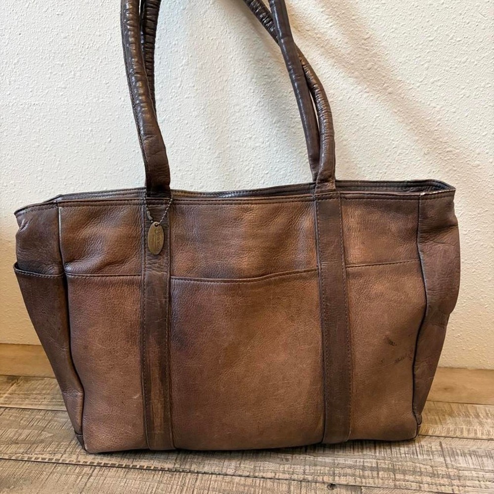 Brown leather tote bag distressed, utilitarian BoHo hippie spacious